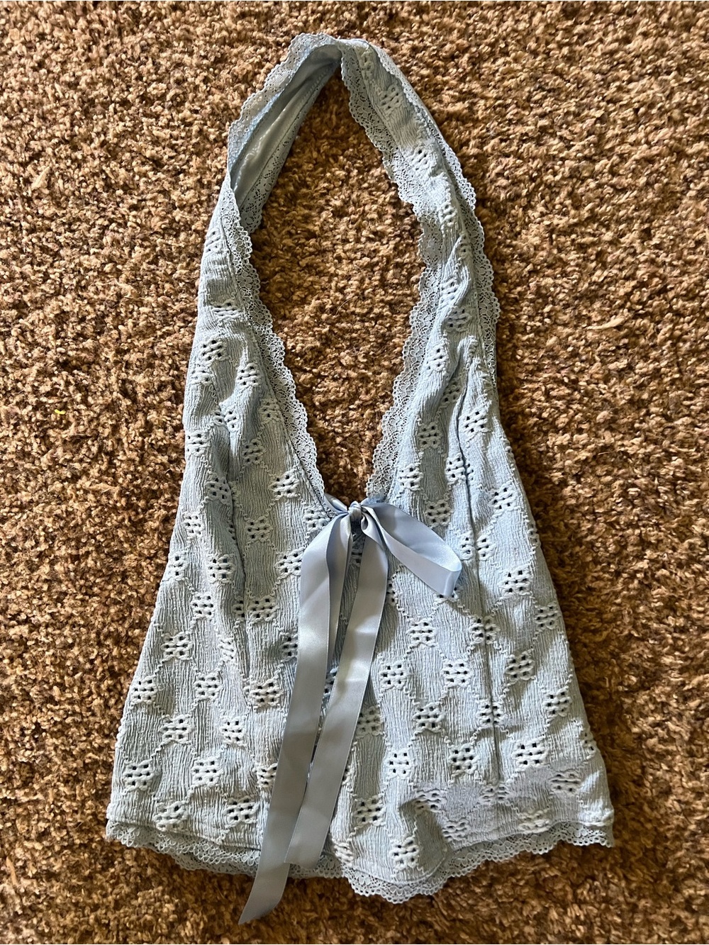Urban Outfitters Light Blue Crochet Halter Top with Satin Tie
